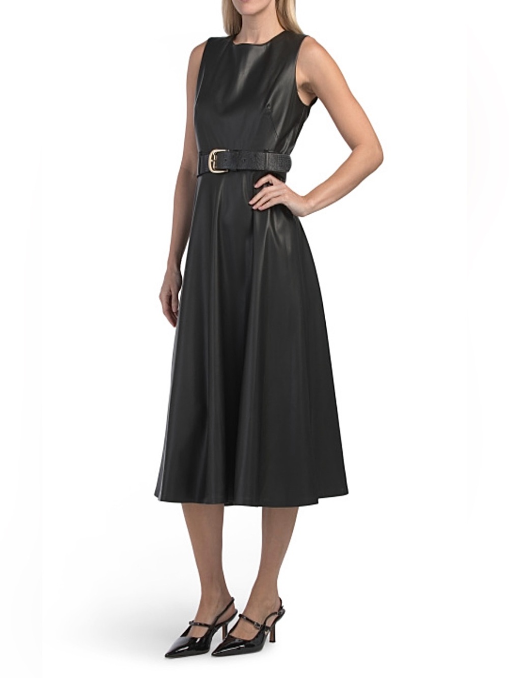 Calvin Klein Black Faux Leather Maxi Dress with Gold Buckle Belt